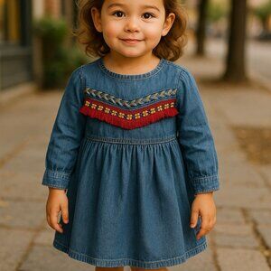 Nannette 2T Lightweight Blue Denim Fringe Embroidered Dress